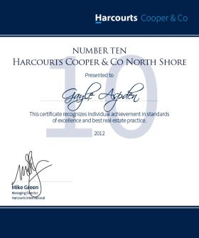 No.10 Sales Consultant - Harcourts Cooper & Co North Shore - 2012