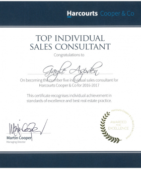 No.5 Individual Sales Consultant for Harcourts Cooper & Co - 2016-2017
