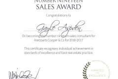 No.19 Sales Consultant for Harcourts Cooper & Co - 2016-2017